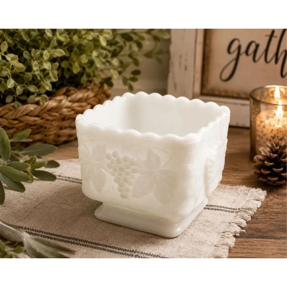 VTG Anchor Hocking Harvest Grape Square Scalloped Milk Glass Pedestal Planter